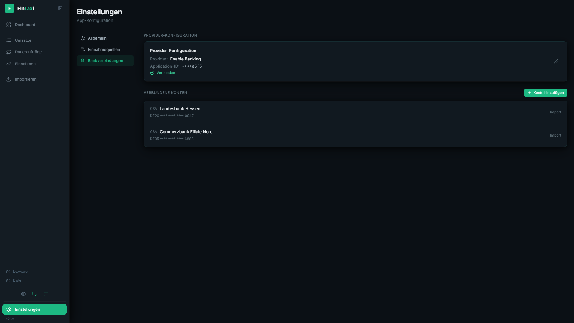 Bankverbindungen — Enable Banking Integration in den Einstellungen