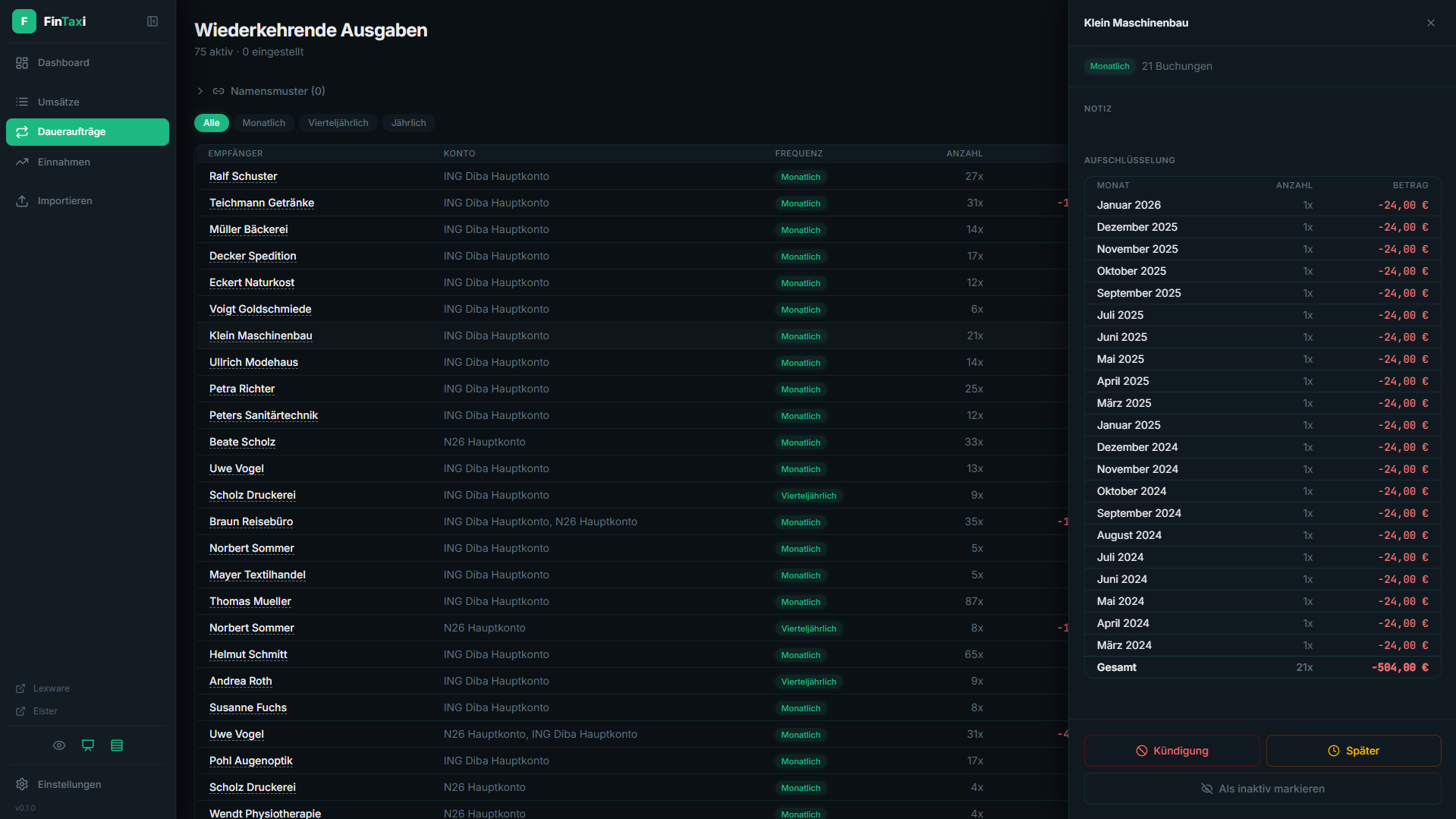 Wiederkehrende Ausgaben — Liste der Daueraufträge mit Detailansicht